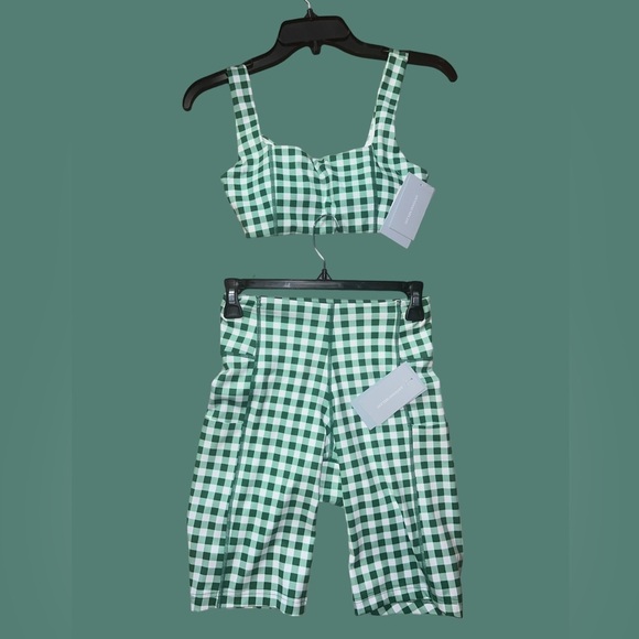 Antonio Melani Active Gingham Square Neck Coordinating Sports Bra/Shorts Set XL - Picture 4 of 9